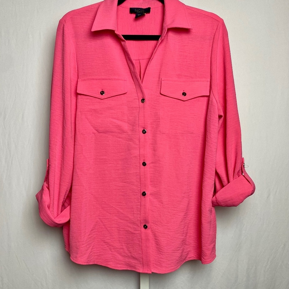 Rachel Roy Womenʻs Pink Button Front Long Sleeve Relaxed Fit Blouse Size Medium